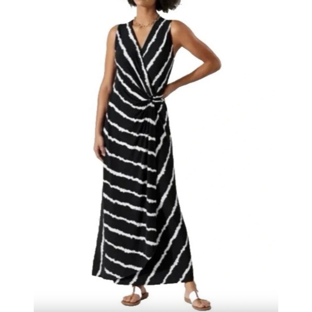Tommy Bahama Maxi Black White Dress M Medium Maxi Sleeveless V Neck Tie Dye